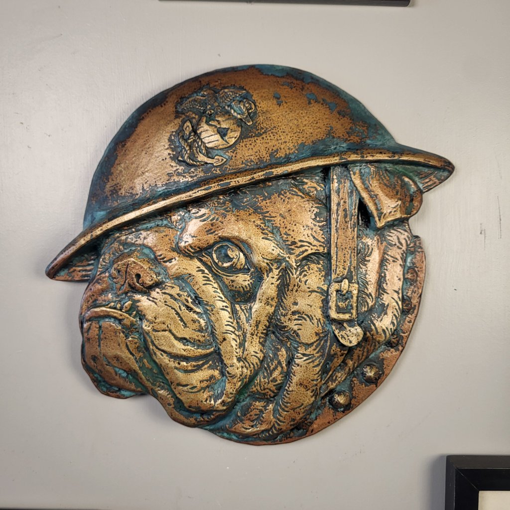 Plaque of a USMC Pitbull wearing a vintage military helmet with an Eagle Globe and Anchor on it