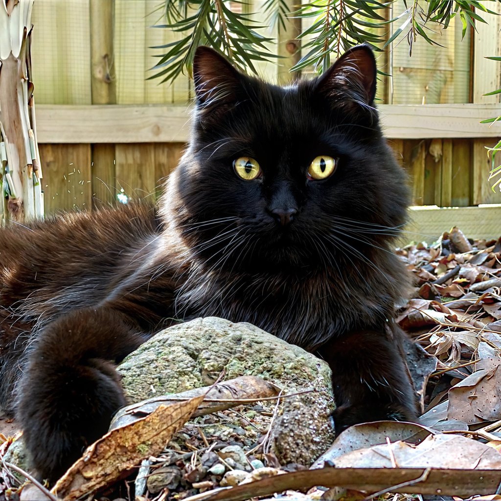 a black cat laying on a pile of rocks
