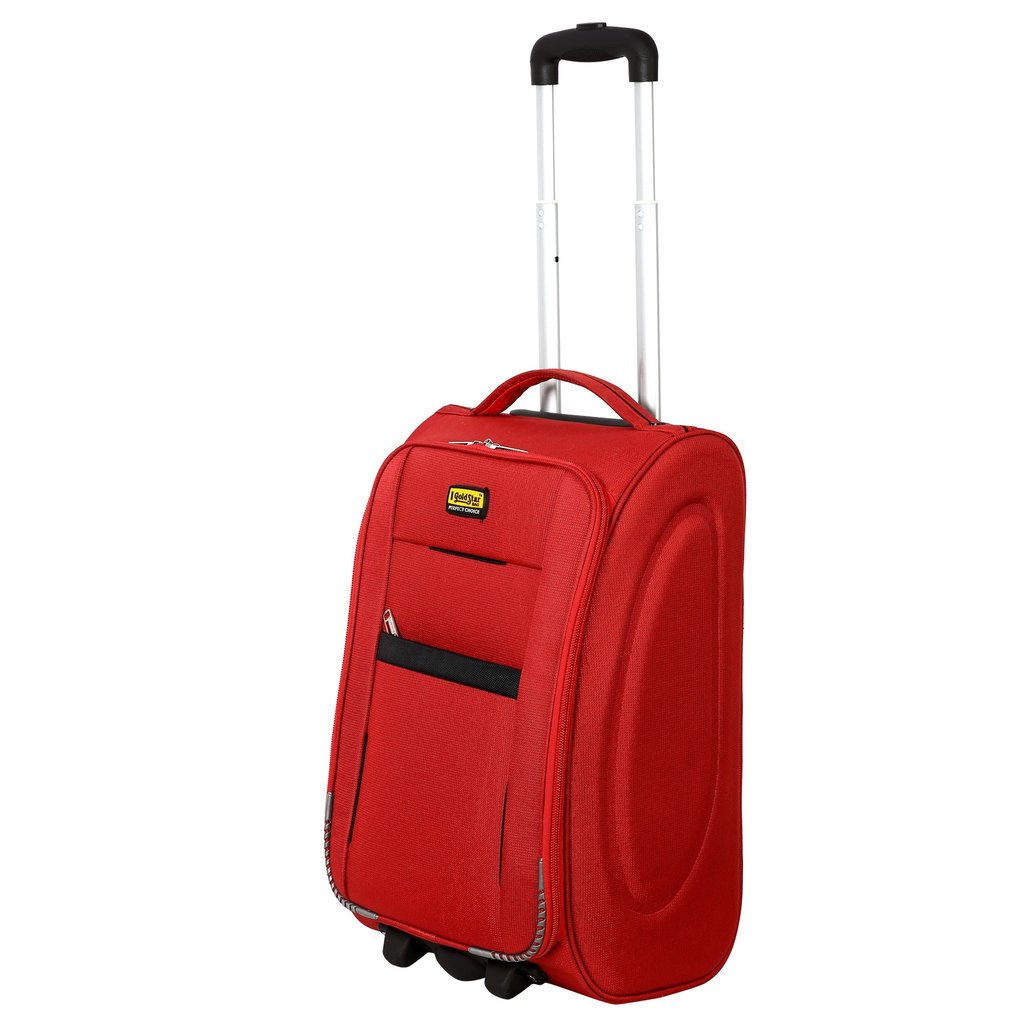 a red suitcase with a black handle and with black wheel