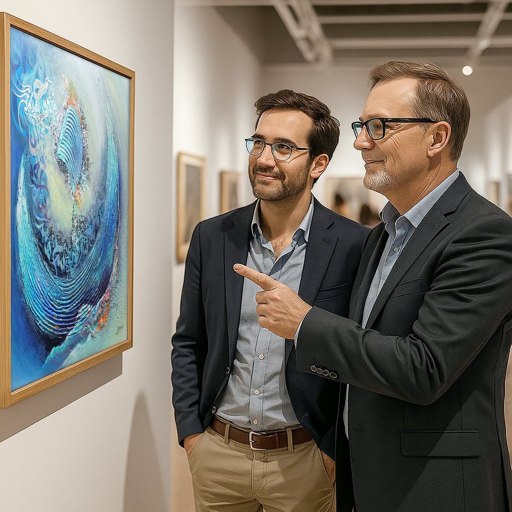two men standing in front of a painting
