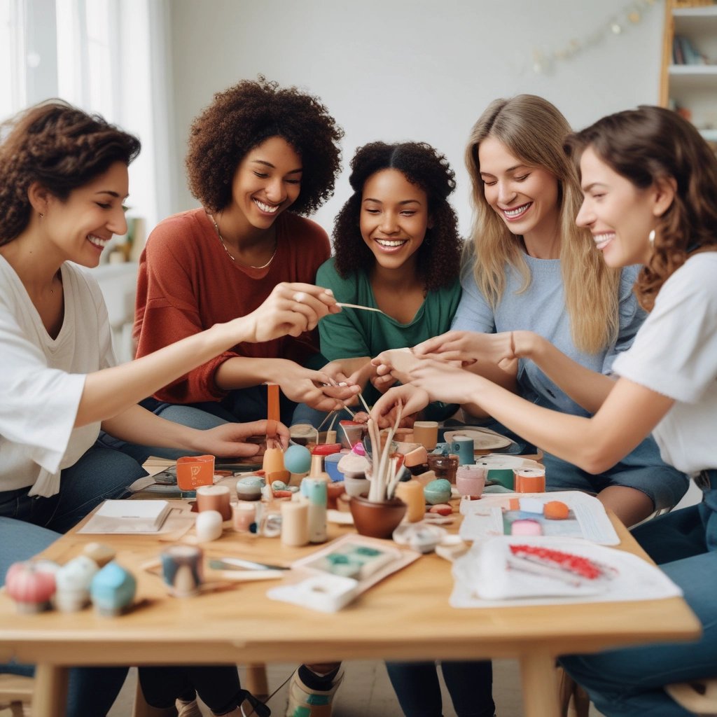 A large group of women appears to be engaged in a communal activity, with many raising their arms. Some are wearing floral crowns and there is a sense of togetherness and focus.