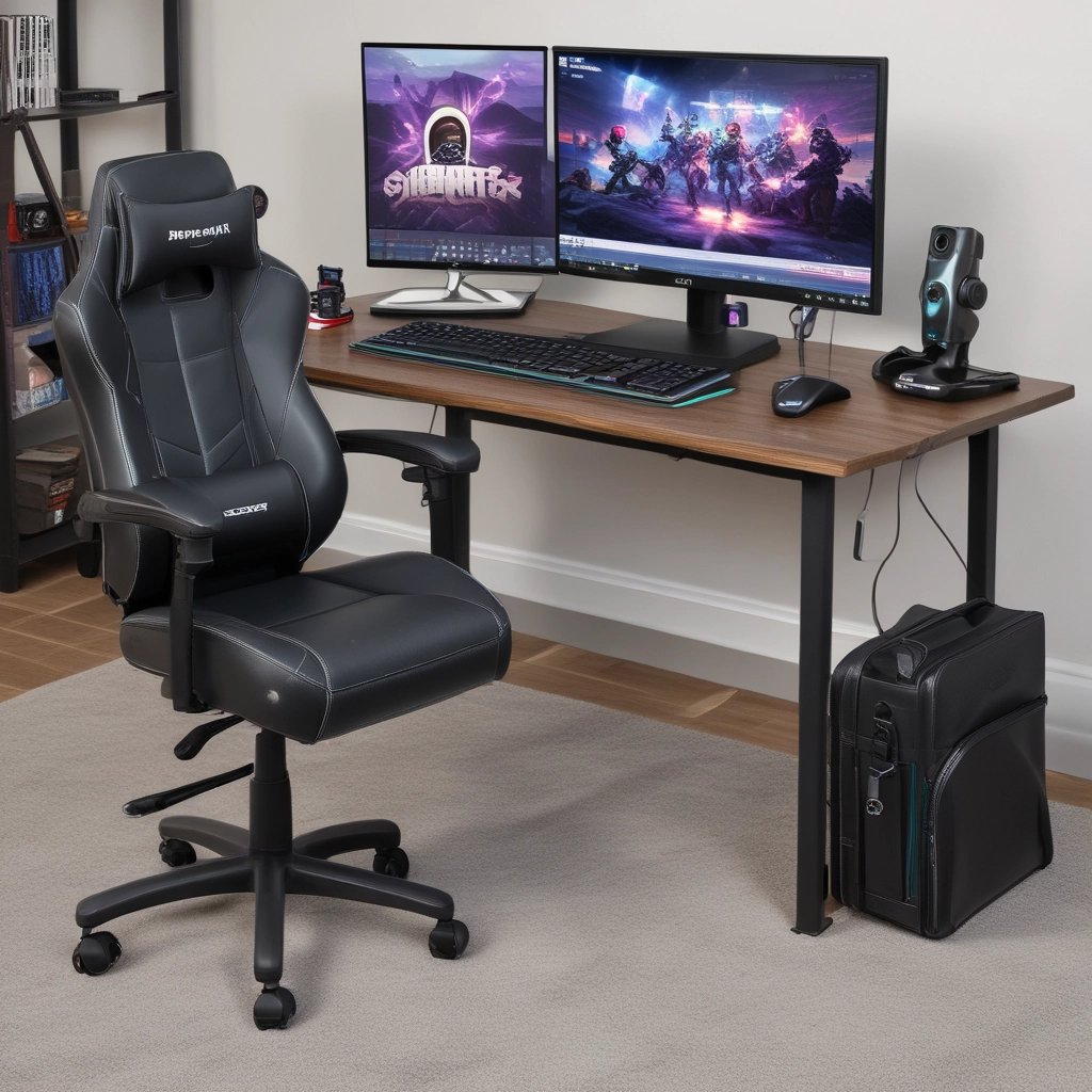 A person is seated on a gaming chair in a dimly lit room with a modern setup that includes a computer, microphone, and multiple screens. The walls are decorated with soundproofing panels and a geometric LED light panel. A framed picture of trees is hung on the wall. The atmosphere suggests a gaming or streaming environment.