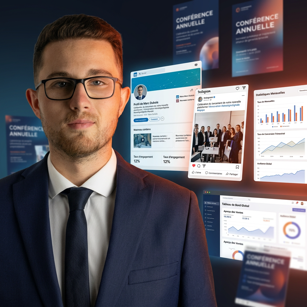 Professional businessman viewing digital marketing analytics dashboard and social media strategy icons.