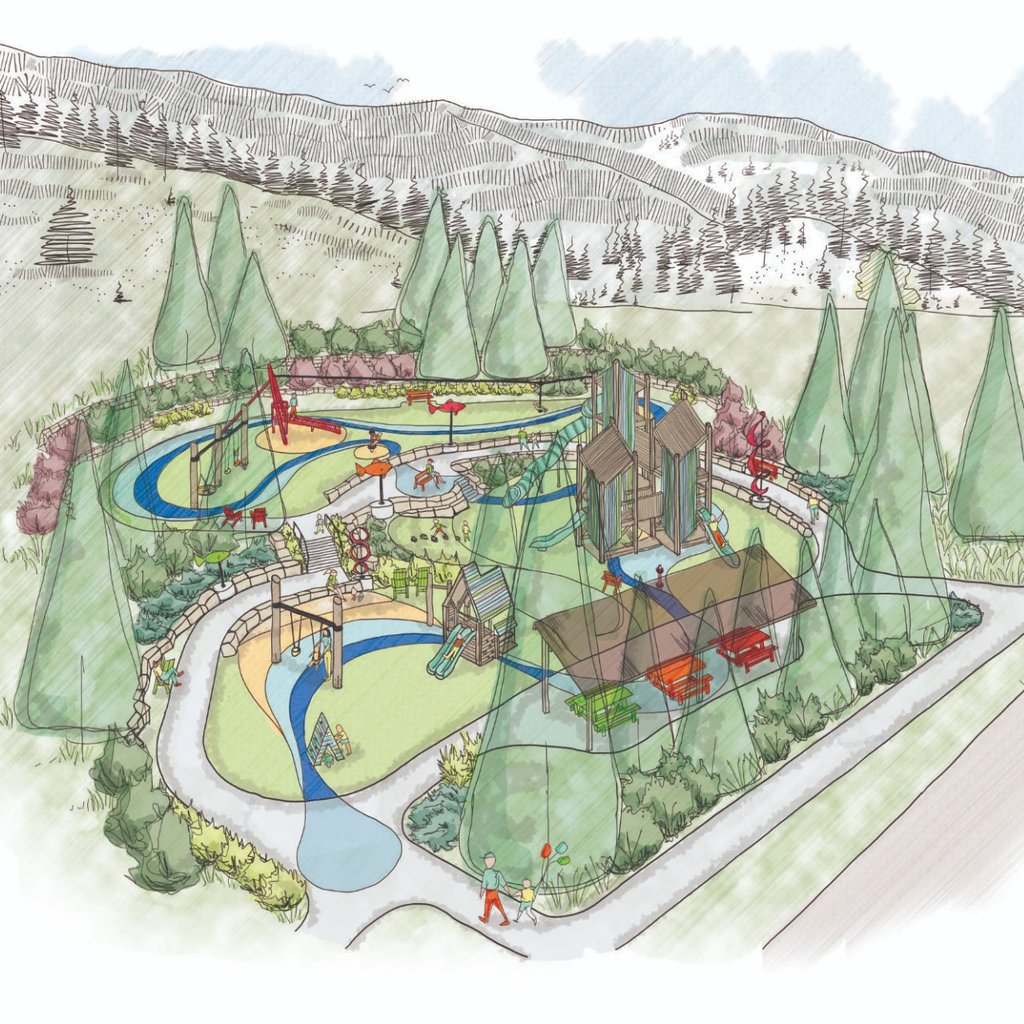 a drawing of a park with a river running through it