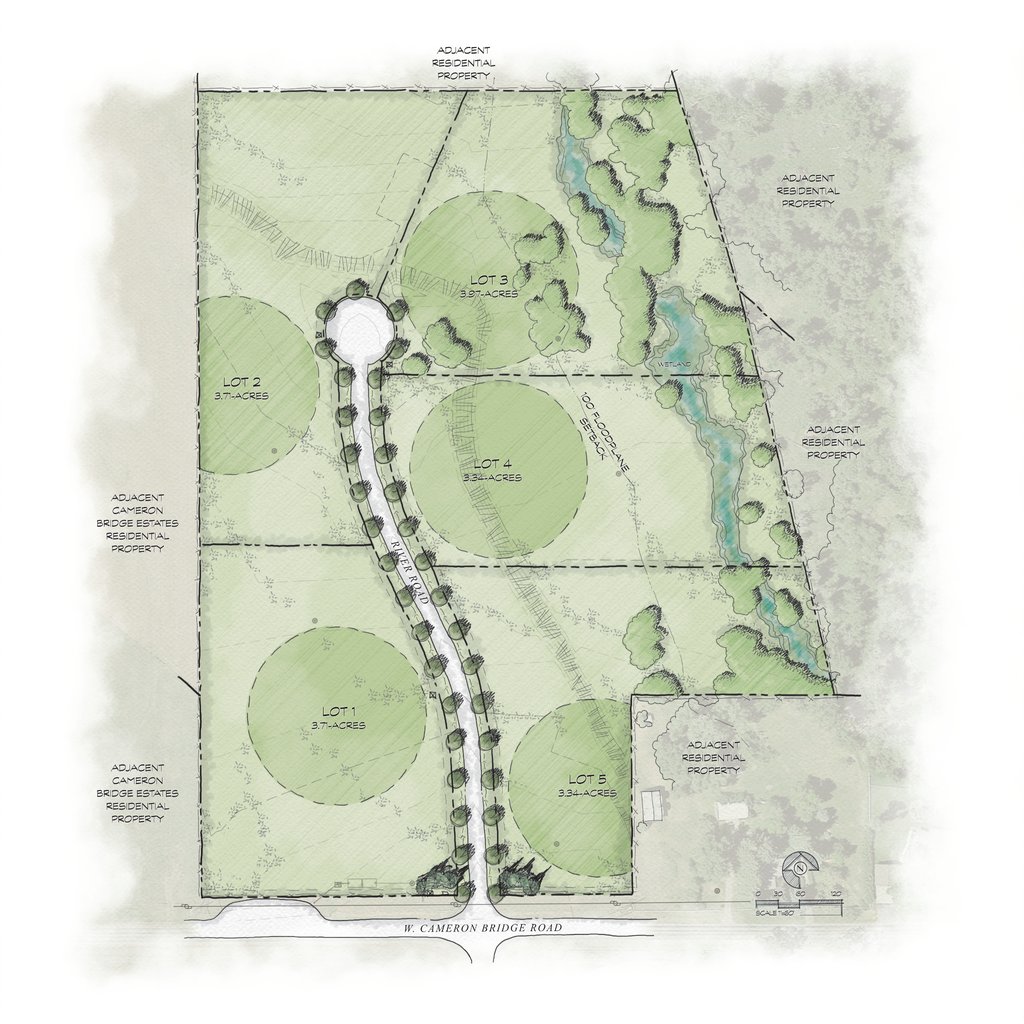 a drawing of a landscaped area with a pond and a pond