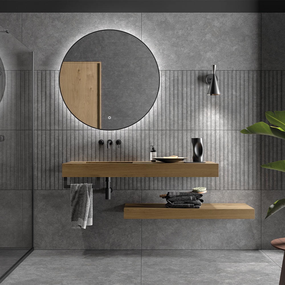a bathroom with a wooden vanity