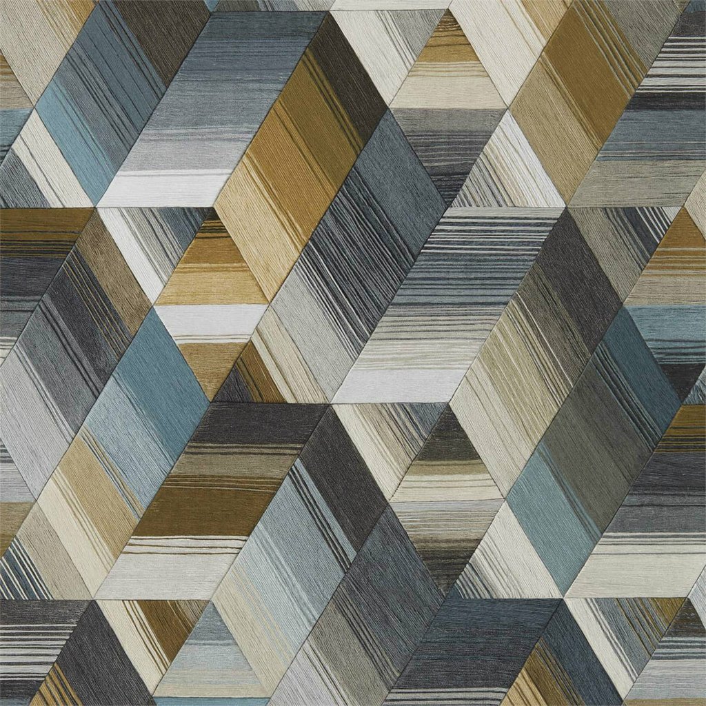 Modern geometric wallpaper featuring a 3D cube pattern with textured blue, gold, and grey stripes.