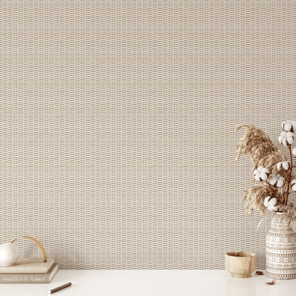 Neutral woven wallpaper background with dried pampas grass and cotton stems in a boho vase.