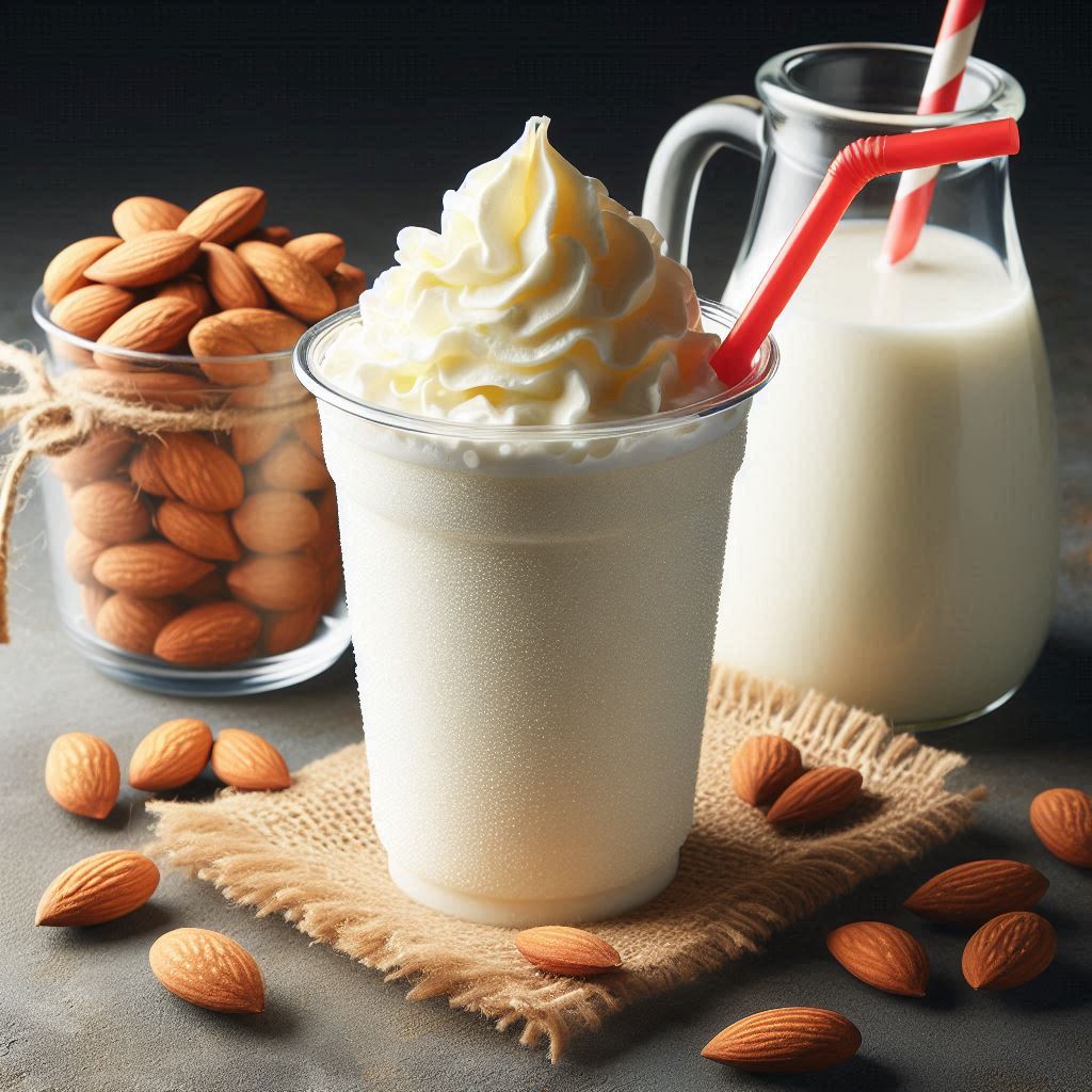 a milkshake topped with whipped cream next to a cup of almonds