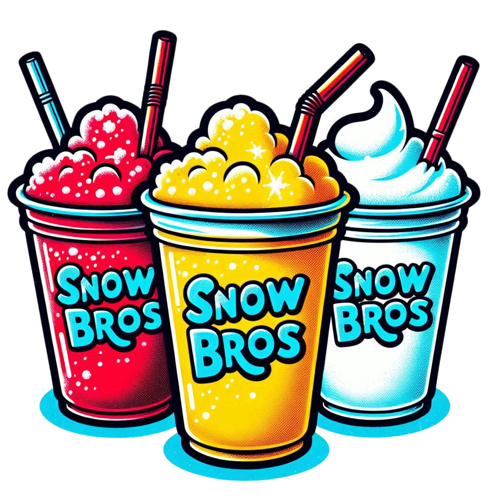 In a row, two slushies and a milkshake with business name "Snow Bros".