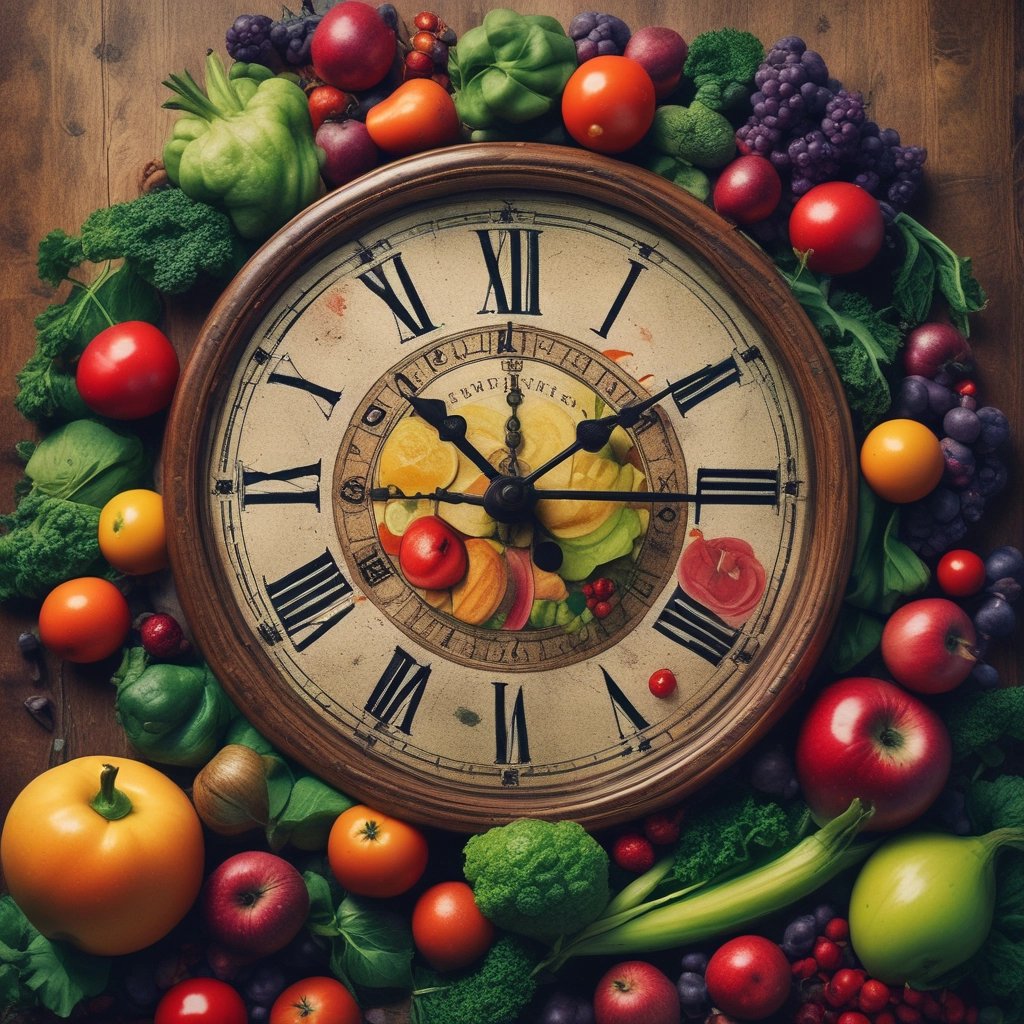 A clock with fruits and vegetables. Nutrition Coach. Healthy Eating. IBD Coach.