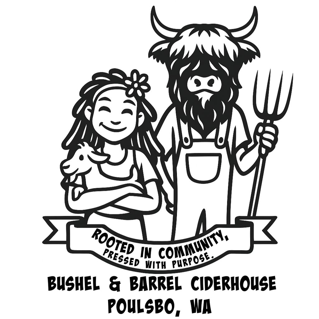 Bushel and Barrel Ciderhouse logo featuring a farmer girl with a lamb and a Highland cow holding a pitchfork.