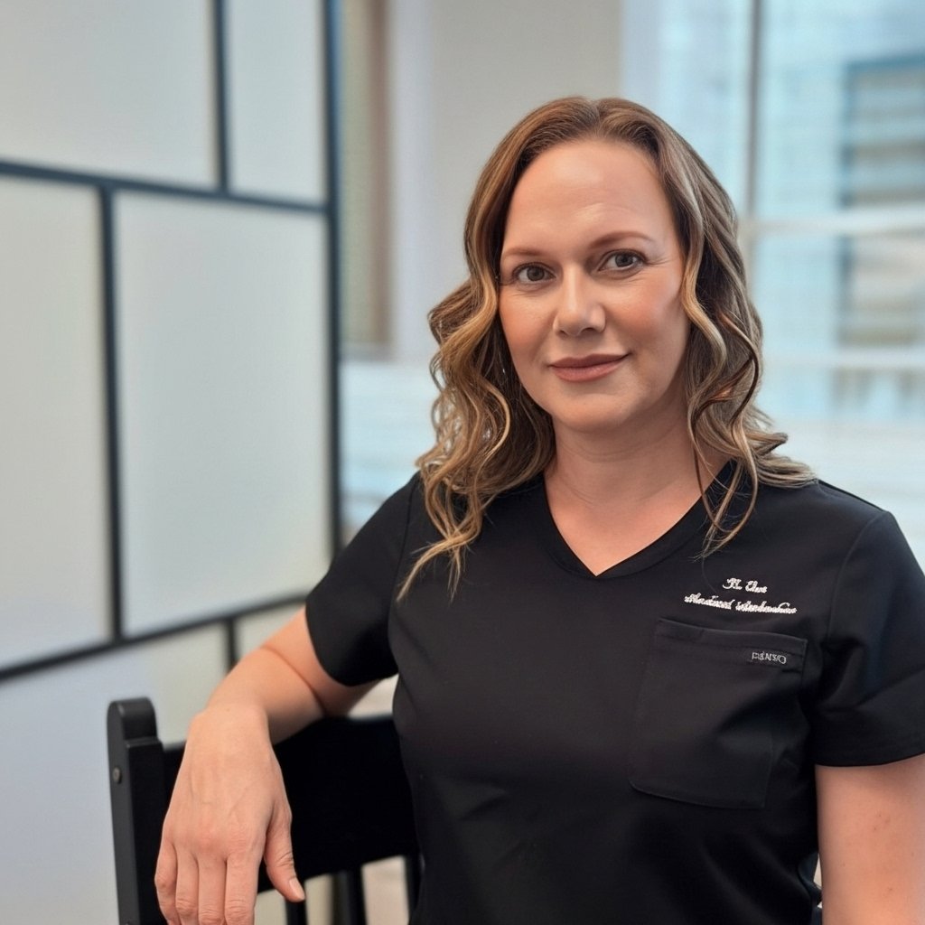 Professional aesthetic nurse injector wearing black medical scrubs in a modern clinic setting.