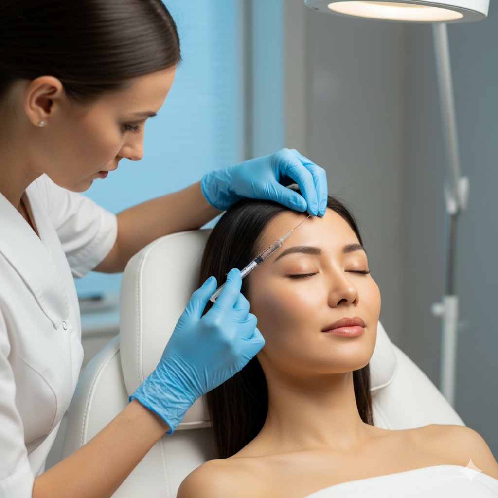 Cosmetic doctor performing a Botox forehead injection on a woman in a medical spa clinic.