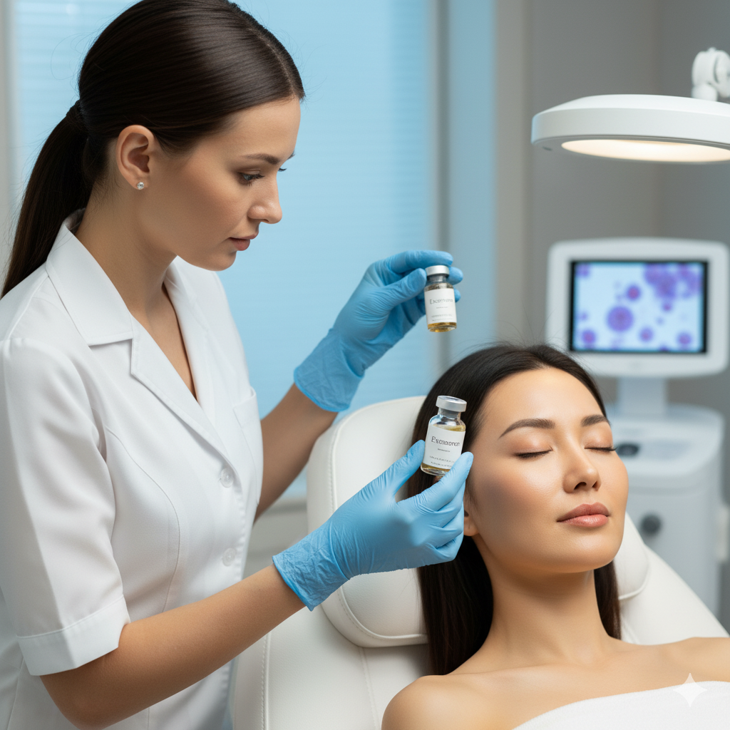 Dermatologist preparing exosome serum vials for a facial rejuvenation skin treatment.