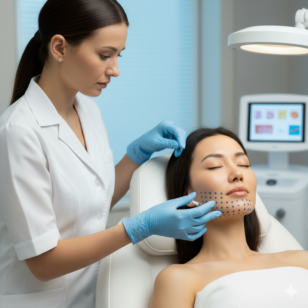Professional dermatologist preparing a patient for a non-surgical face lift treatment.
