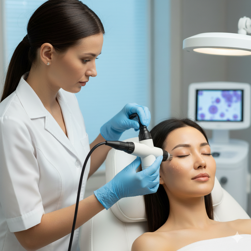 Professional aesthetician performing a radiofrequency facial skin tightening treatment on a woman.