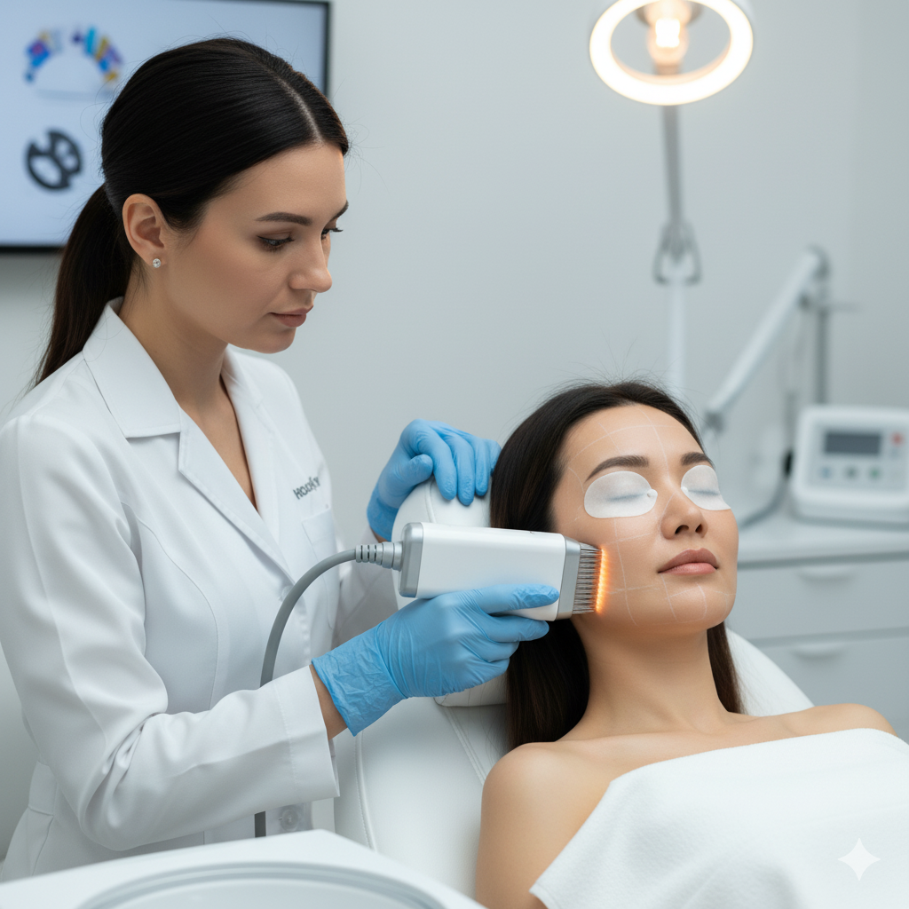 A dermatologist performing a professional laser skin tightening treatment on a woman's face.