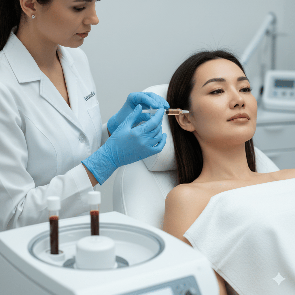 Dermatologist performing PRP facial treatment injection on a woman for skin rejuvenation.