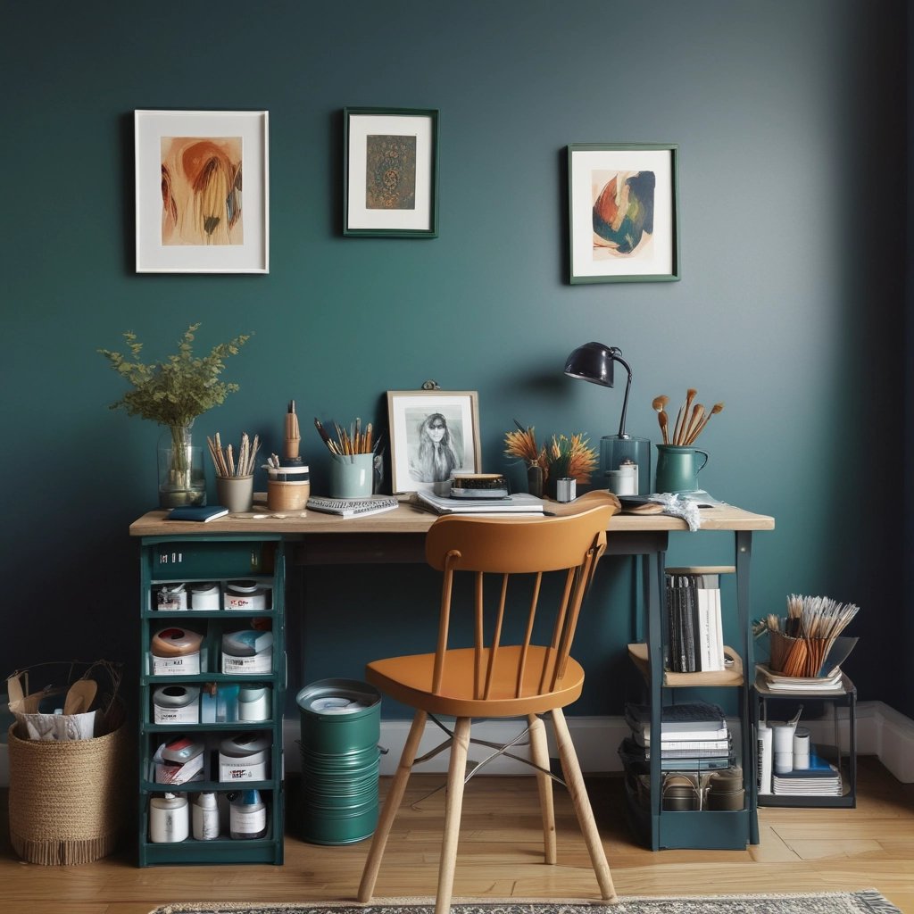 DIY workspace featuring painted furniture, color swatches, and tools for bold home décor projects.