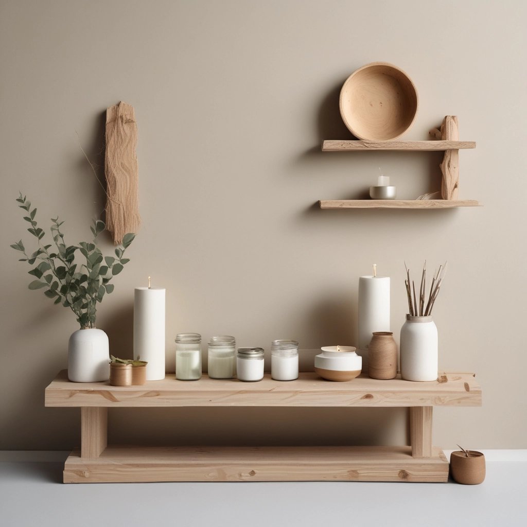Flat-lay of minimalist DIY materials like wood planks, paint, and candle jars arranged neatly on a l