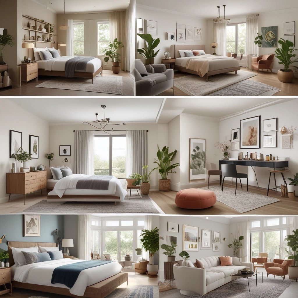 Four curated home spaces — living room, kitchen, bedroom, and bathroom — styled with cohesive, moder