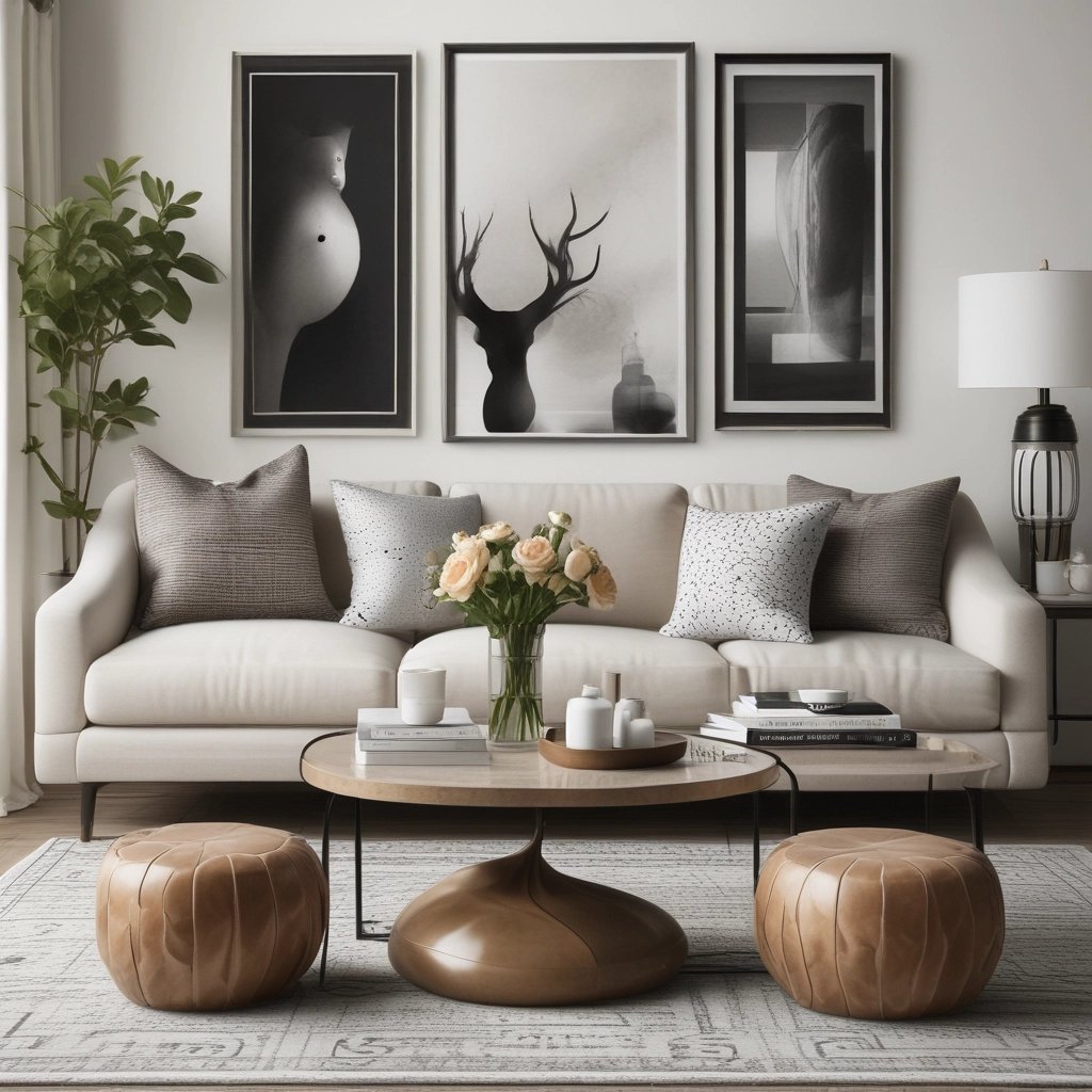 Gallery wall with framed art and photos arranged above a console table with cozy décor accents.