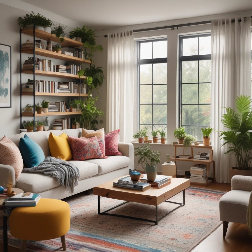 Stylish living room with colorful accents, plants, and natural light creating a warm, inviting atmos