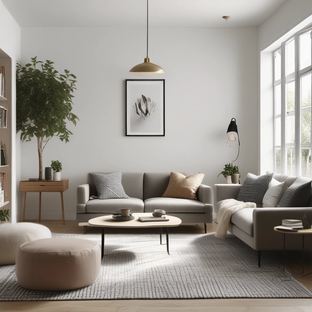 Curated flat-lay of modern minimalist décor pieces including ceramics, lamp, and soft-toned accents.