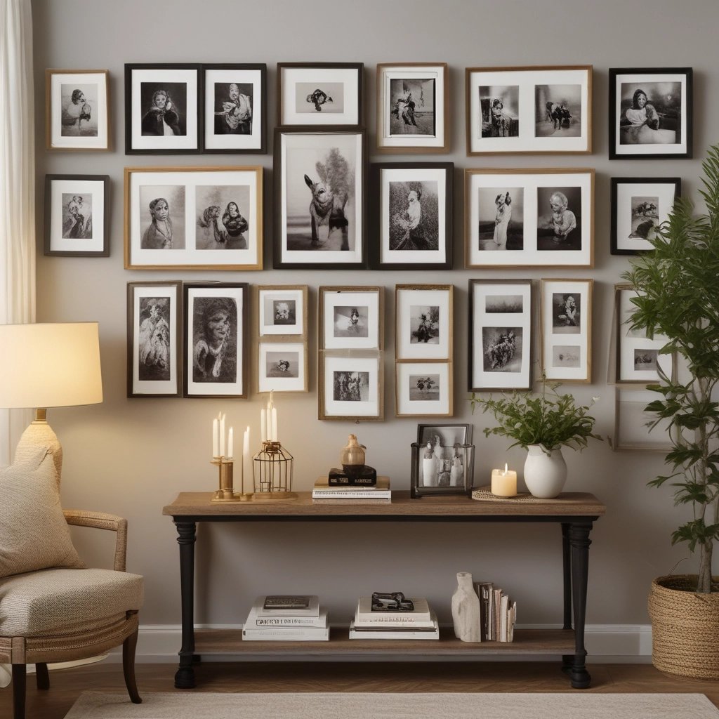 Gallery wall with framed art and photos arranged above a console table with cozy décor accents.