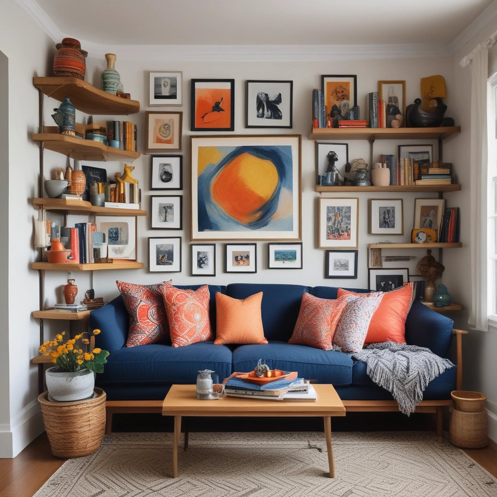 Colorful home display with art, souvenirs, and bold décor pieces reflecting personality and style.