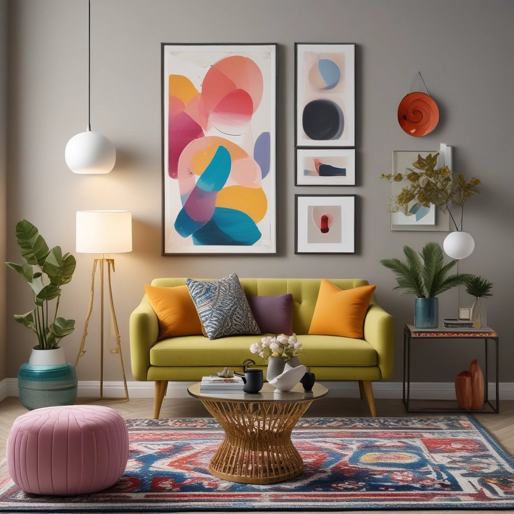 Collection of ten stylish bold décor accents — chairs, rugs, lamps, art, and mirrors displayed cohes