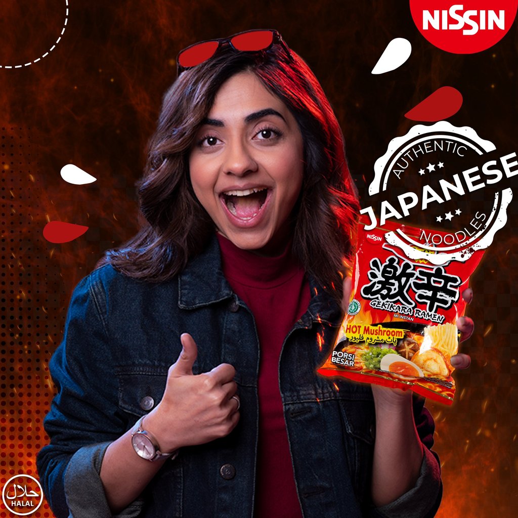 graphic design with a model holding a product and smiling