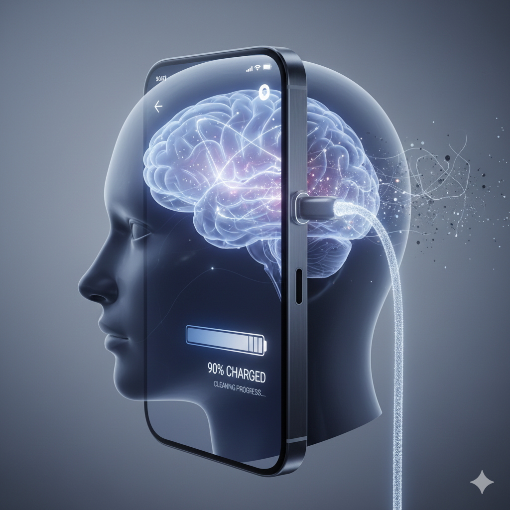 Sleep as brain maintenance: a stylized human head charging like a smartphone, digital waste clearing.