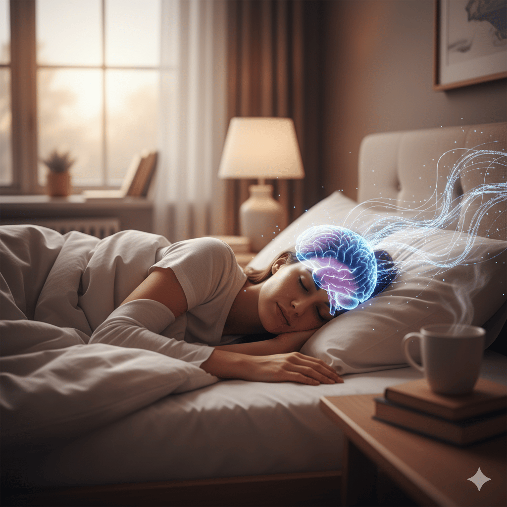 Person in deep sleep, wires on head, glowing brain overlay. Is it an alien download or biological screensaver?