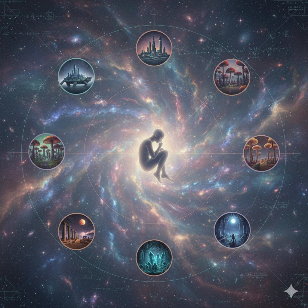 Quantum sleep consciousness: dreamscape with swirling galaxies, parallel universe portals, ancient symbols