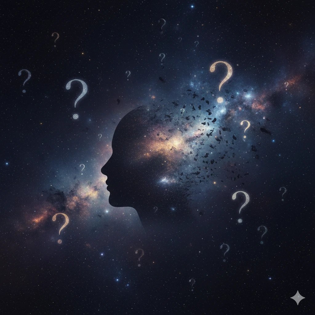 Sleep mystery: a human head silhouette merging with a cosmic background, question marks, profound enigma