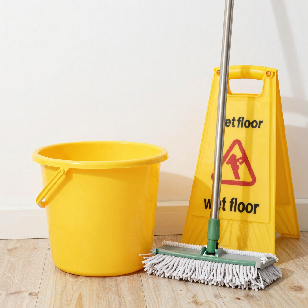 Wet floor sign, a bucket, and a mop in Georgia.