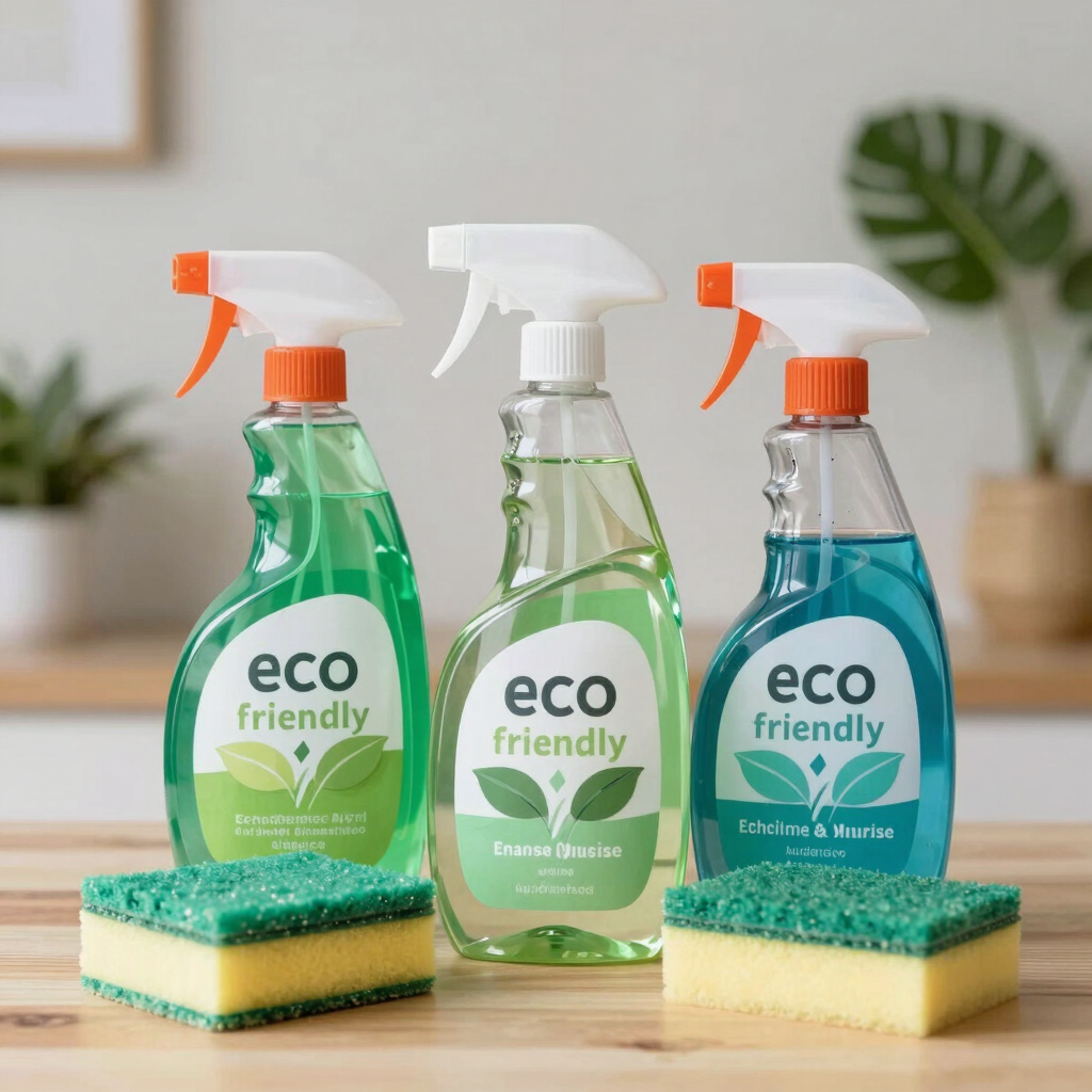 Eco-friendly cleaning products and green sponges in a home in Georgia state