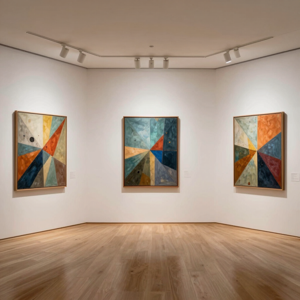 An elegant art gallery showcasing vibrant paintings on white walls.