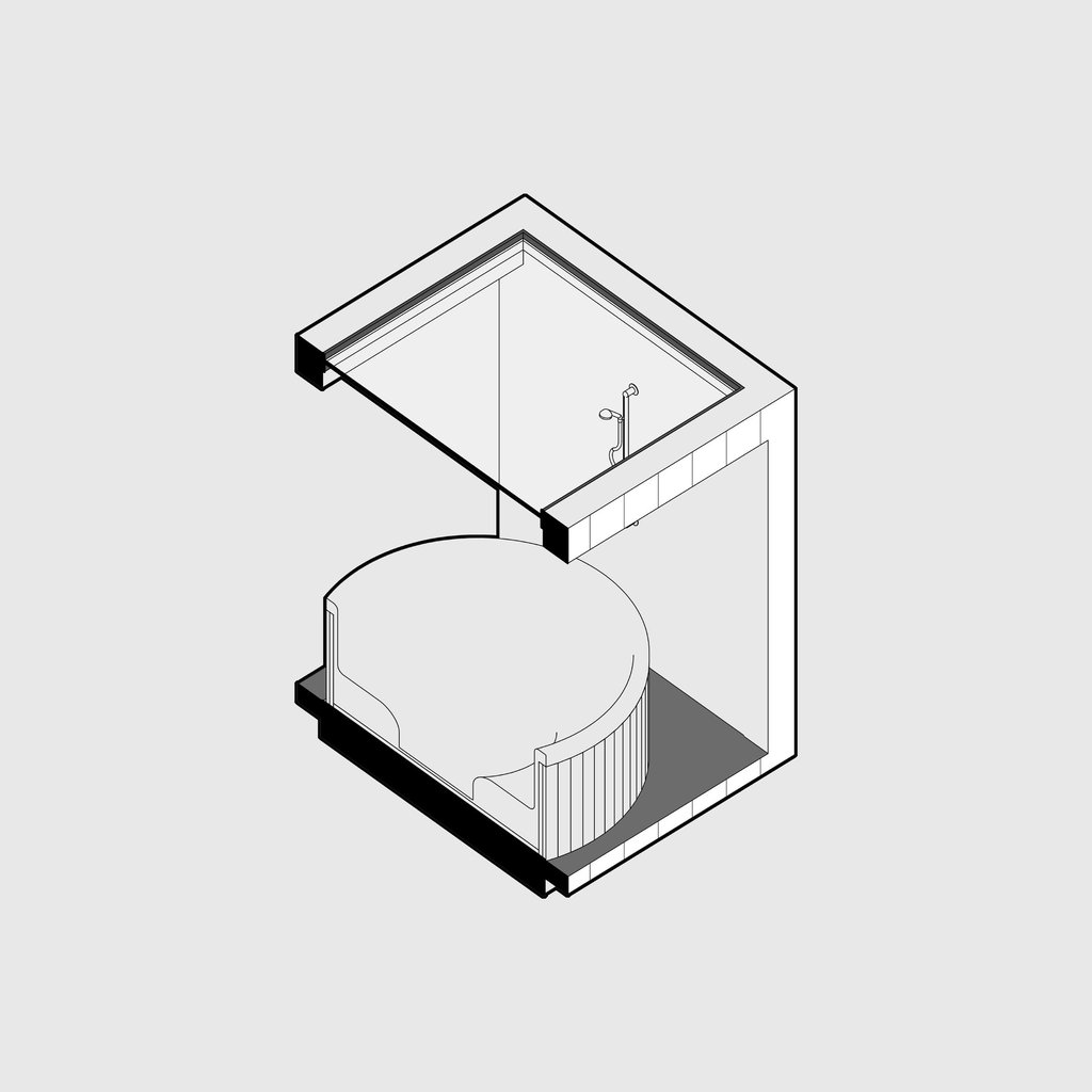 Outdoor hot tub unit axonometric view for modern cabin retreat