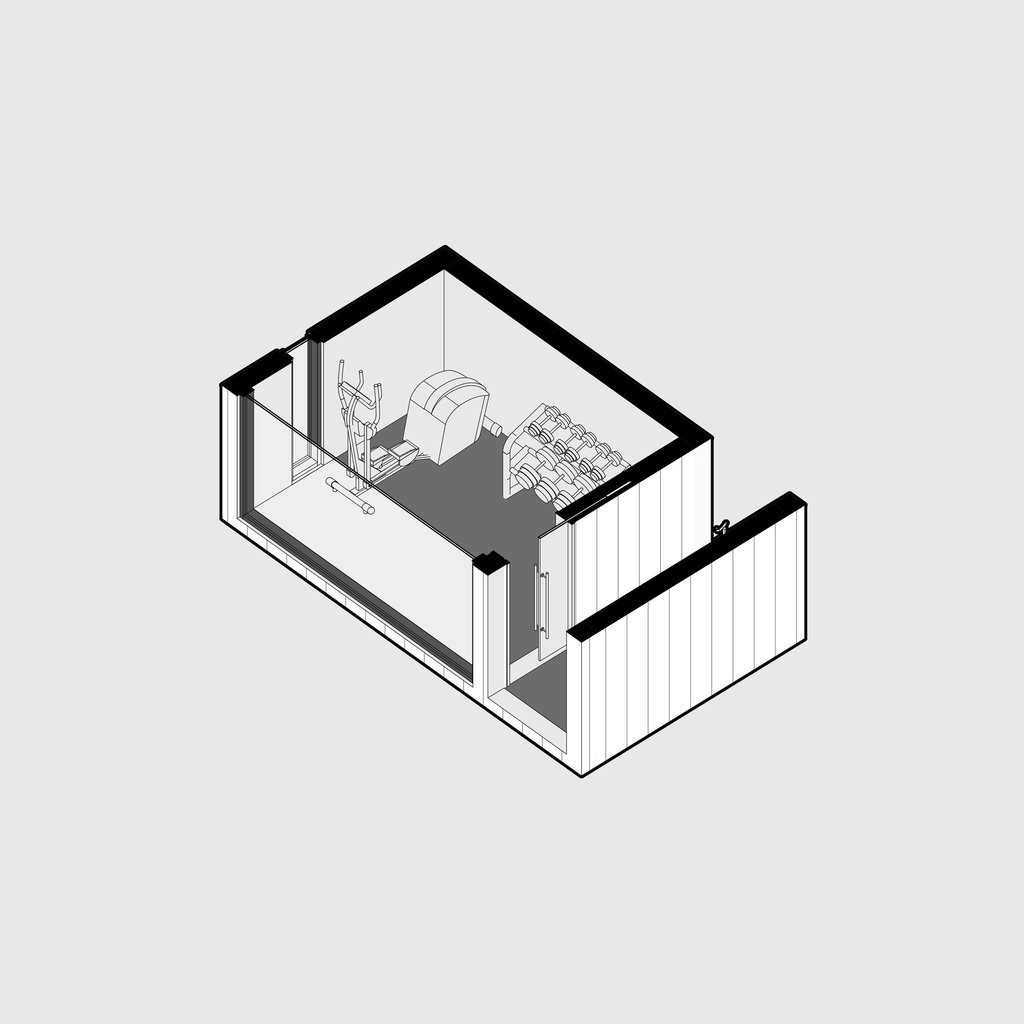 Cabin gym axonometric view showing compact fitness amenity layout