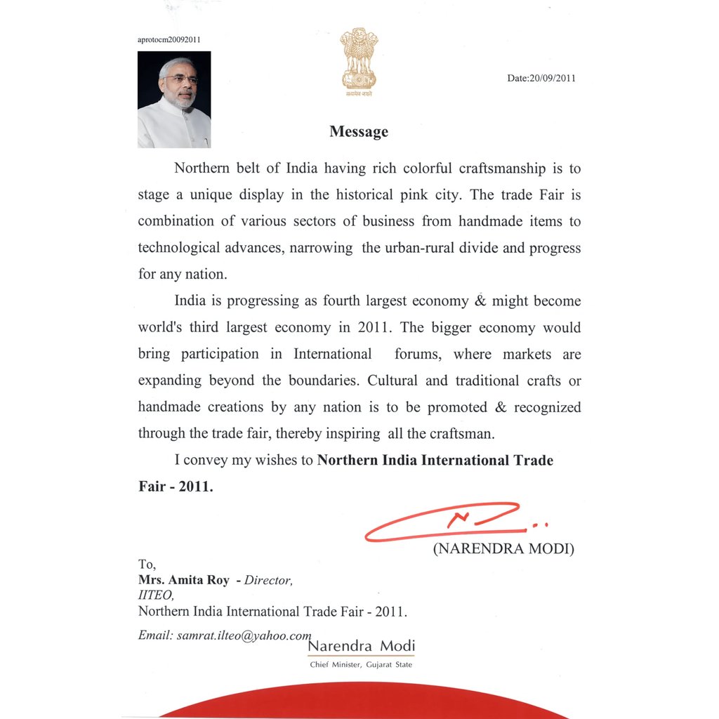 Official message from Narendra Modi for the Northern India International Trade Fair 2011 featuring his signature.