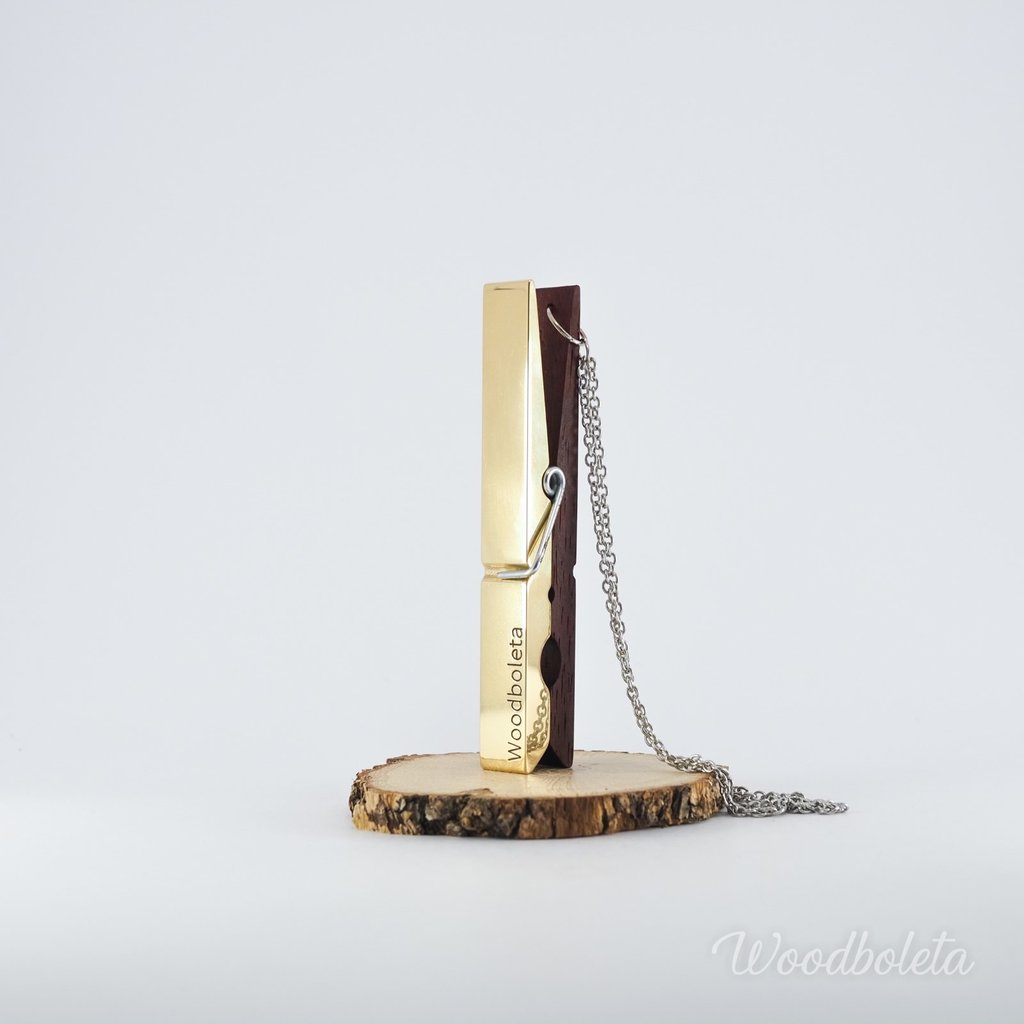 wenge wood and brass necklace inspired by clothes pin