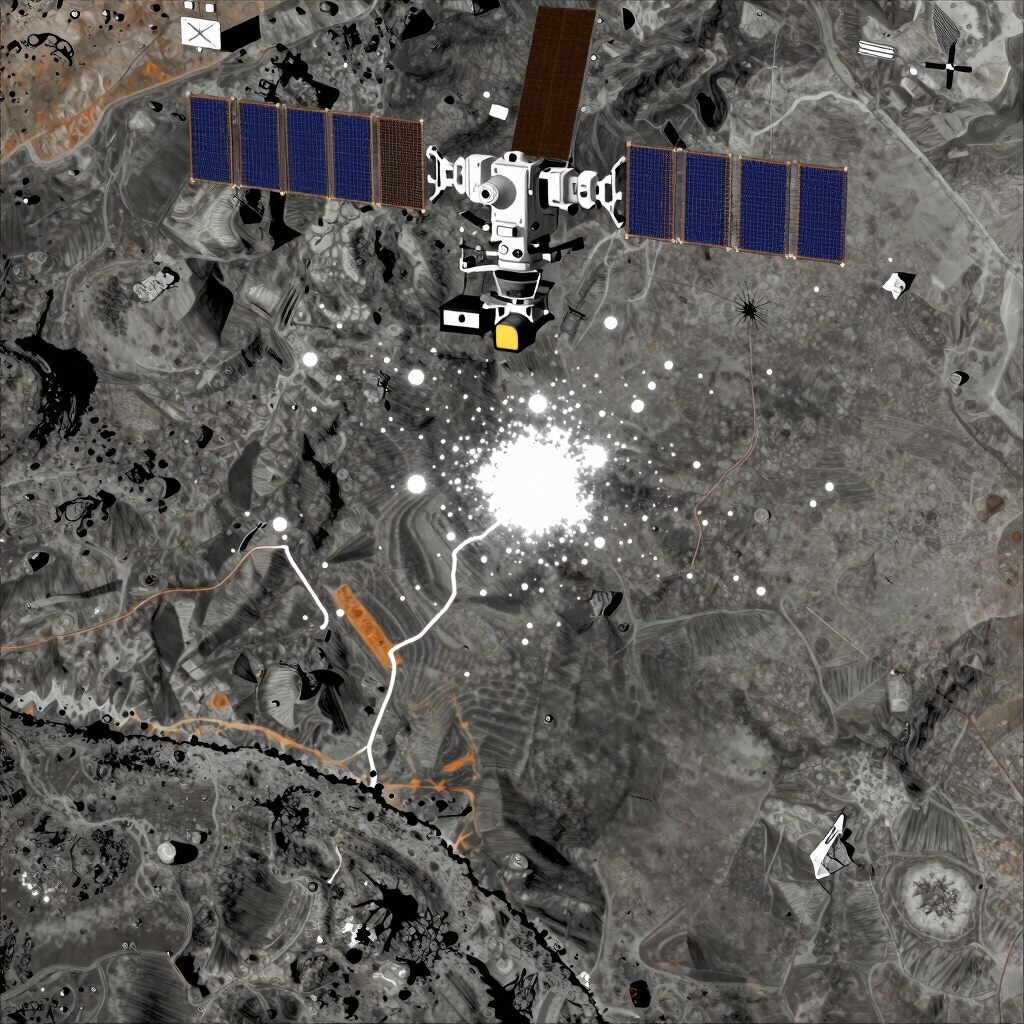 A group of men are gathered around a large, metal drilling rig. One man in a suit and hat appears to be overseeing the operation, holding a microphone or similar device. The rig is actively releasing steam or smoke, indicating ongoing activity. The environment suggests an industrial or construction setting.