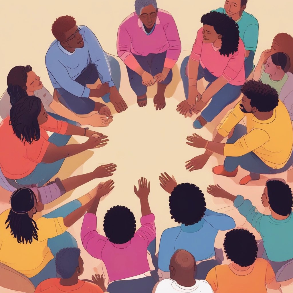 A group of people sits under a colorful tent made of red, yellow, and orange fabric. They appear to be attending a workshop or class. A chalkboard on the left lists a schedule with topics like 'Food as Medicine' and 'Healthy Lifestyle.' The participants sit on mats and blankets, listening to someone speaking at the front. The atmosphere is casual and relaxed with shoes and personal items placed on the grass nearby.
