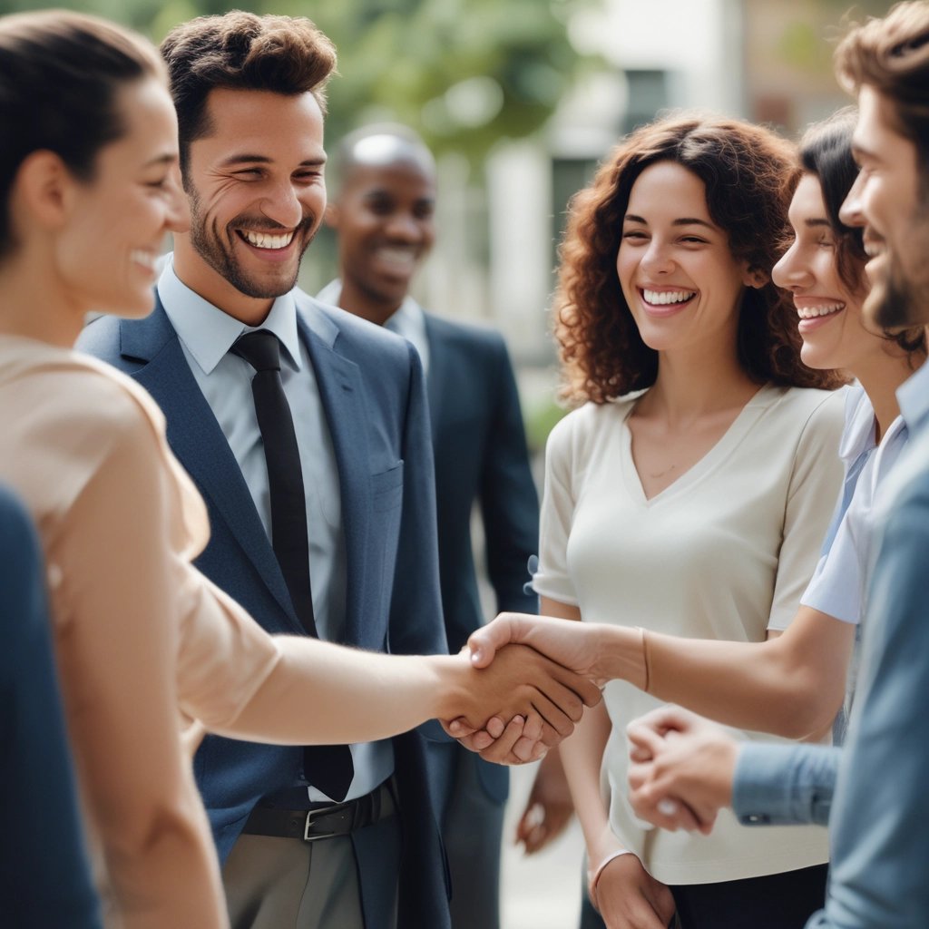 men and women smiling and talking