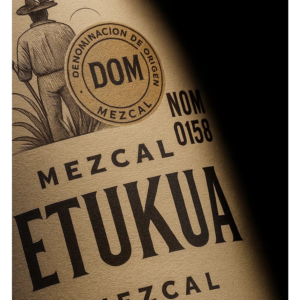 Primer plano detallado de la etiqueta de una botella de mezcal Etukua, destacando con un círculo de 