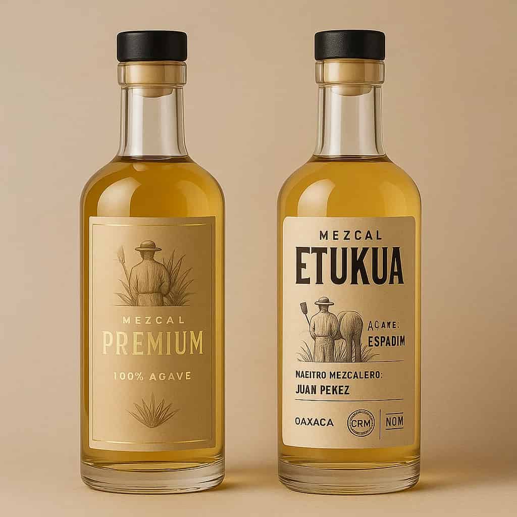 Dos botellas de mezcal side-by-side: una con empaque lujoso pero etiqueta vaga, otra con diseño simp