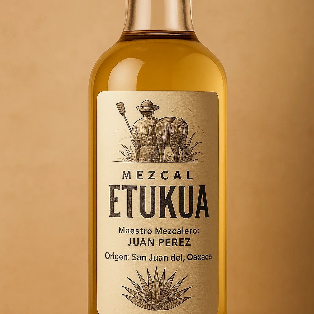 Close-up de la etiqueta de una botella de Etukua donde se lee claramente el nombre del maestro mezca